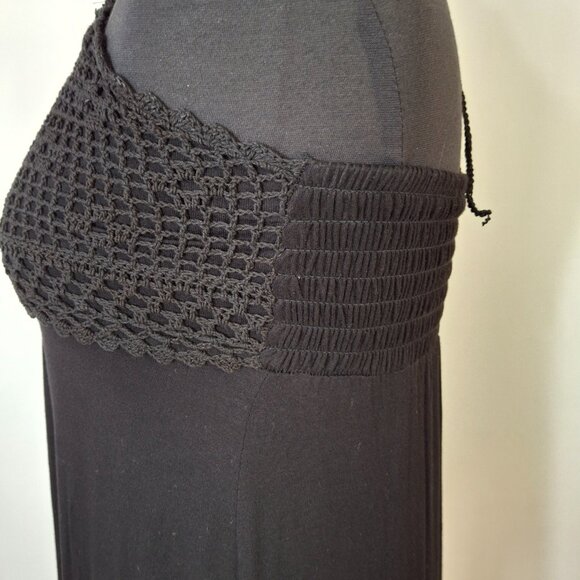 Crochet Halter Mini Sundress Black Beachy Slimming Empire Gathered Bodice Med - Picture 8 of 11